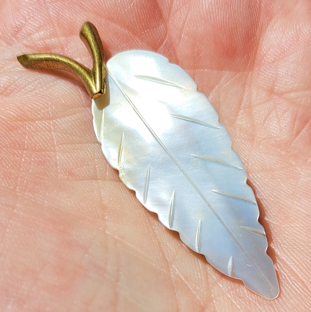Vintage West Germany Carved Mother of Pearl Leaf Brooch Brass